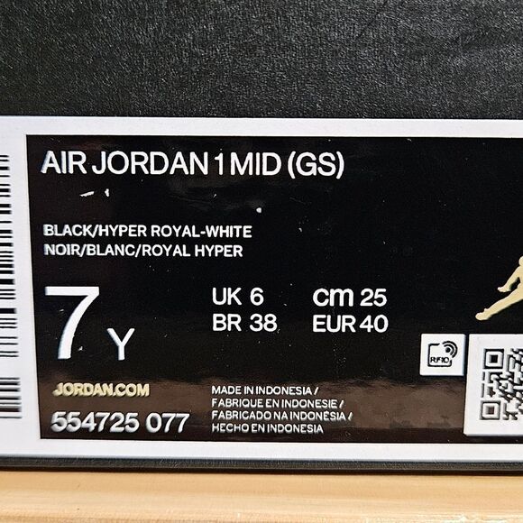 Air Jordan 1 Mid Black Hyper Royal Blur White Size 7 Youth Kids GS 554725-077 - Picture 10 of 11